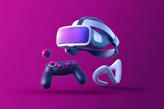 Top view gamer gears like joystick and VR glasses on violet background 3d render of accessories for