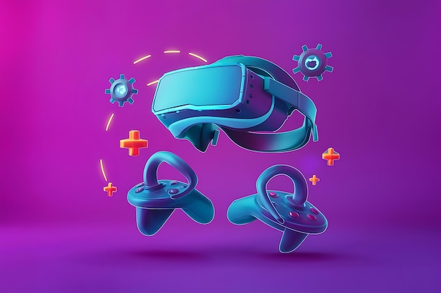 Top view gamer gears like joystick and VR glasses on violet background 3d render of accessories for