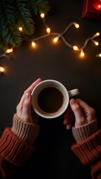 Vector top view of hands holding coffee mug with festive lights and greenery