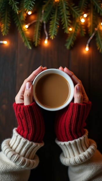 Vector top view of hands holding coffee mug with festive lights and greenery