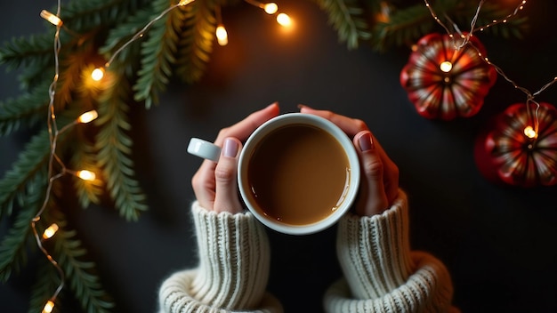 Vector top view of hands holding coffee mug with festive lights and greenery