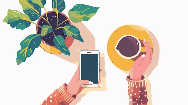 Vector top view of hands holding mobile phone and cup of coffee