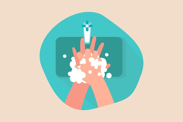 Top view little boy hand washing in sink Cleaning concept Flat vector illustrations isolated