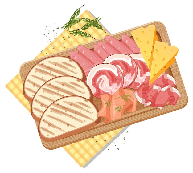 Top view of lunch meat on wooden tray