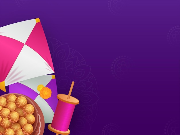 Top View Of Makar Sankranti Festival Elements And Copy Space On Purple Mandala Background