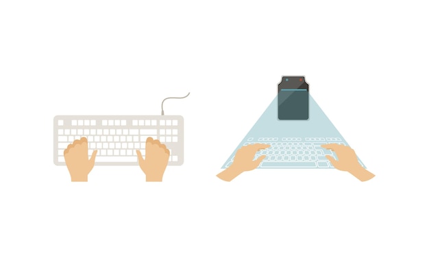 Top View of Male Hands on Computer Keyboard Set Wireless and Virtual Input Device Vector Illustration