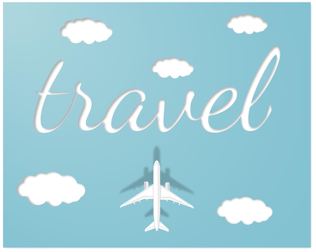 Top view passenger plane with paper cut travel text effect tourism vector banner idea