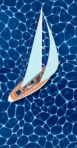 Top view sail boat on deep blue sea water