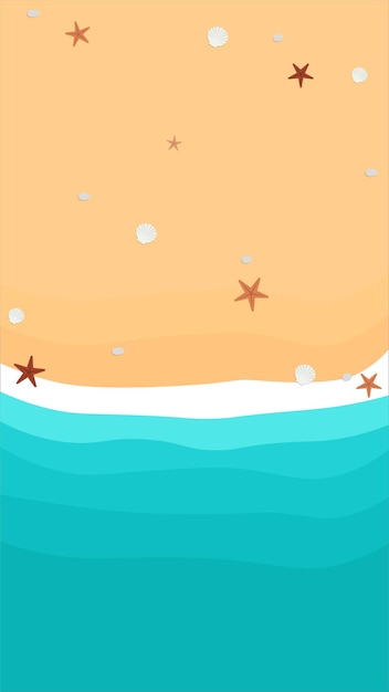 Top view of sand with shells and starfish in flat icon design on beach background vector illustration