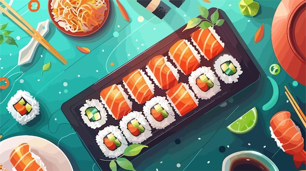 Vector top view of sushi box with assorted rolls and dishes