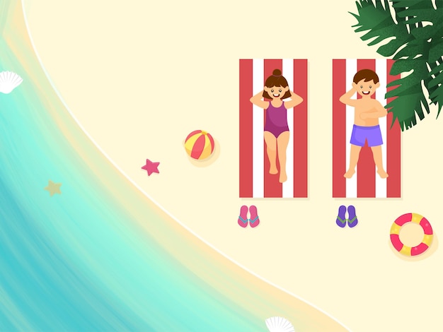 Top View Of Swimmer Kids Relaxing On Sun Bed And Beach View Illustration