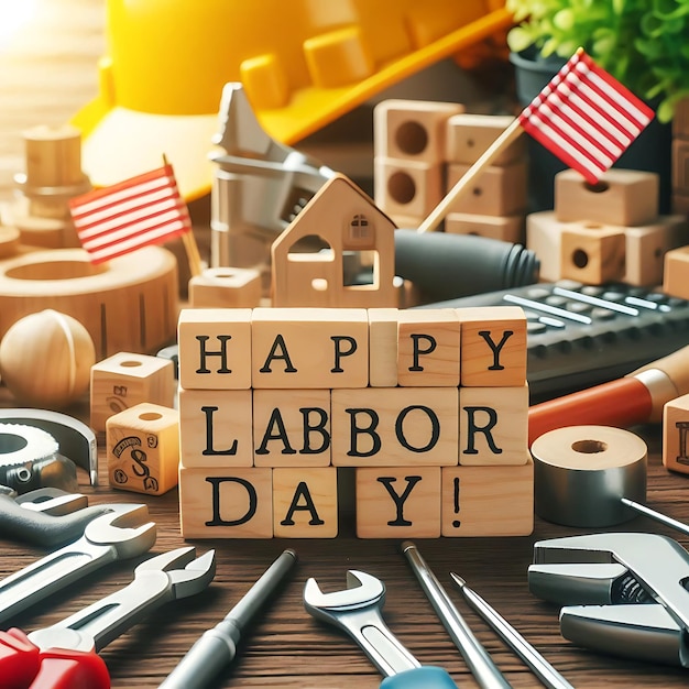 Vector top view of tools and american flag near cubes with happy labor day lettering on wooden surface