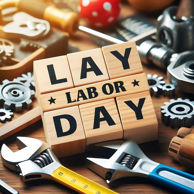 Vector top view of tools and american flag near cubes with happy labor day lettering on wooden surface