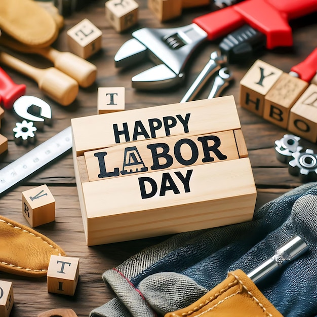 top view of tools and american flag near cubes with happy labor day lettering on wooden surface