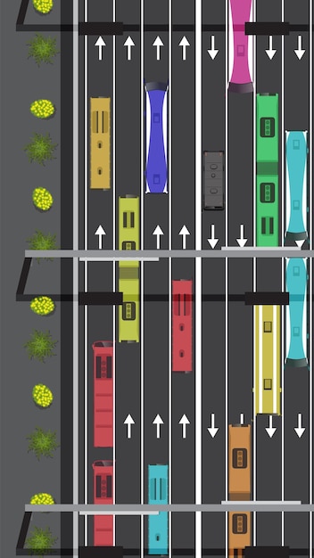 Vector top view of traffic jam bus transit on multiple lane highway view from above