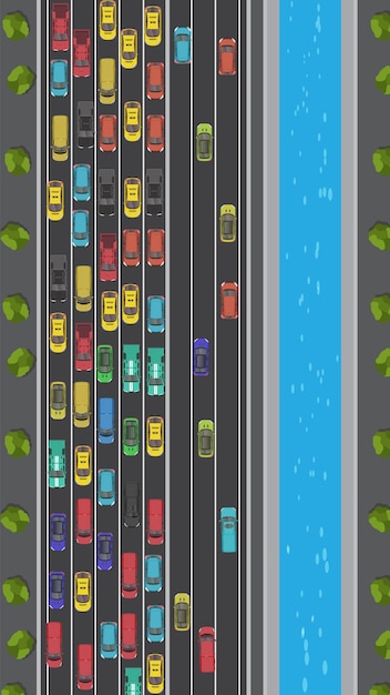 Vector top view of traffic jam car vehicle on multiple lane highway view from above