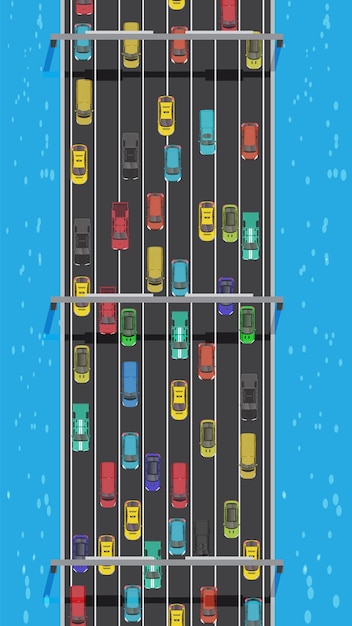 Vector top view of traffic jam car vehicle on multiple lane highway view from above