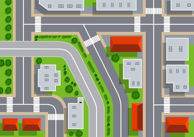 Vector top view of urban city crossroads with streets roads houses and trees map with view rooftops and highways view from above on city landscape elements vector illustration