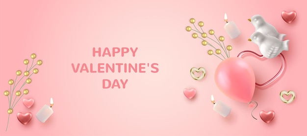 Top view Valentine's day  banner with realistic porcelain birds, balloons and candles