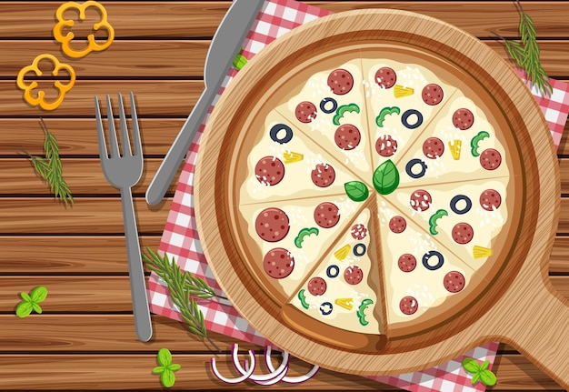 Vector top view of a whole pizza with pepperoni topping on wooden table