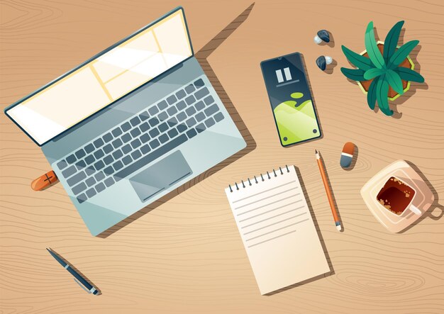 Vector top view of workspace with computer stationery coffee cup and plant on wooden table vector cartoon flat lay of workplace with monitor keyboard mobile phone note book and headphones on desk