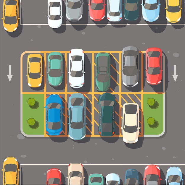 Topdown view colorful parked cars parking lot outdoor parking spaces driving lanes birdseye