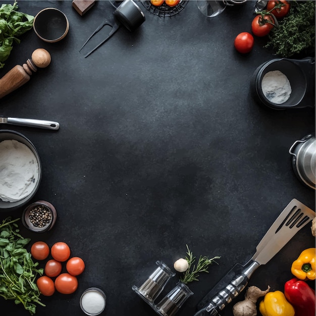 Vector topdown view of kitchen countertop with cooking ingredients and utensils arranged around the edg