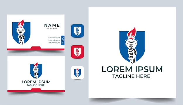 Torch logo with shield concept logo template with business card design