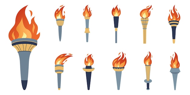 Torch with burning fire in flat design Vector set