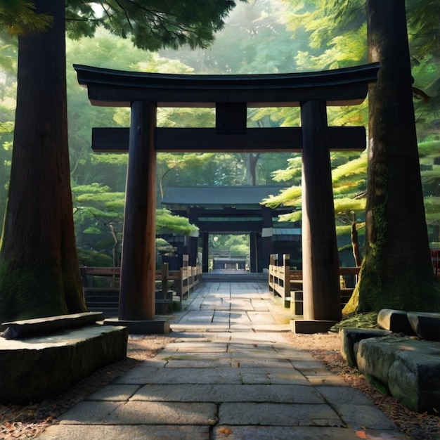 a torii gate is in a forest with trees in the background