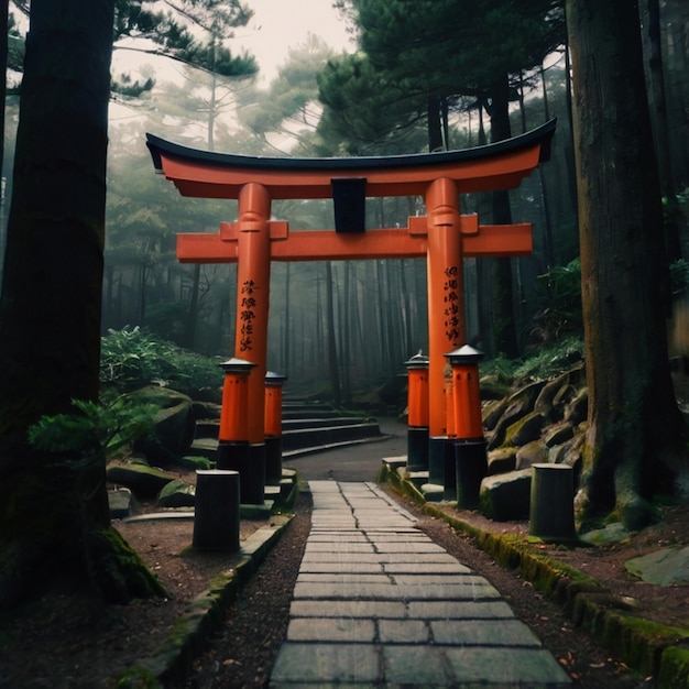 a torii gate is in the middle of a forest