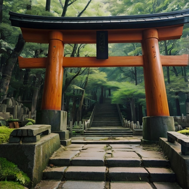 Vector a torii gate is in a shrine in a forest