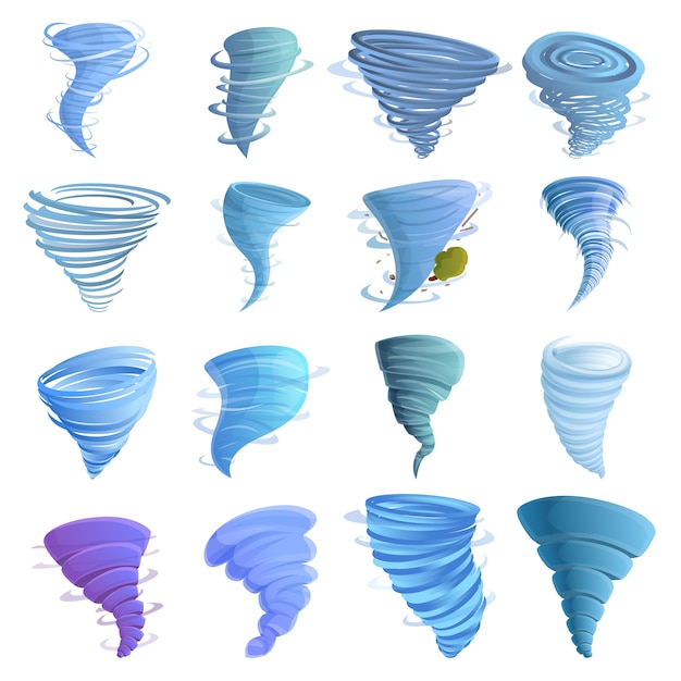 Tornado icons set, cartoon style