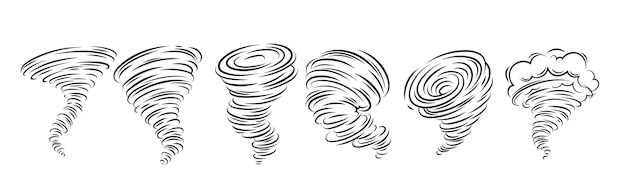 Tornado line icons set spiral whirlwind and hurricane with speed whirls and funnels