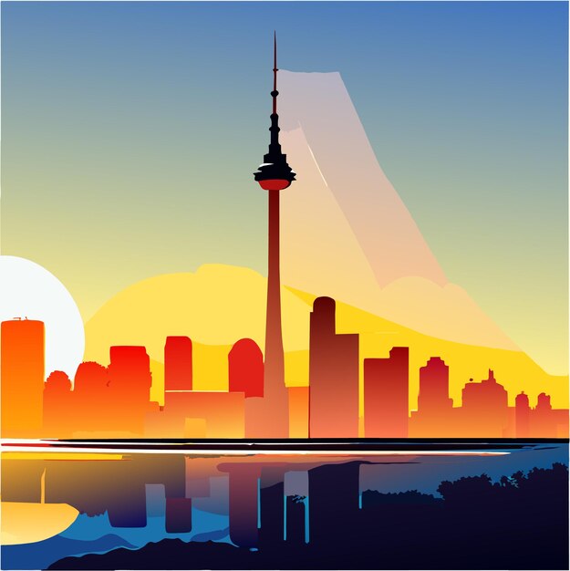 Toronto sunrise with cloud and sunlight reflection over lake in the morning vector illustration