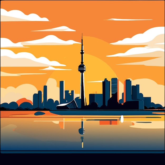 Toronto sunrise with cloud and sunlight reflection over lake in the morning vector illustration