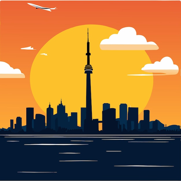 Toronto sunrise with cloud and sunlight reflection over lake in the morning vector illustration