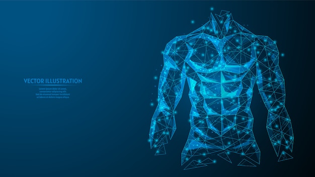 Torso of a man close-up. Inflated athletic muscular body. The concept of sports, healthy eating, healthy lifestyle. 3d low poly wireframe model  illustration.