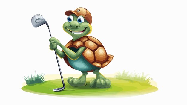 Vector tortoise playing golf on golf course illustration