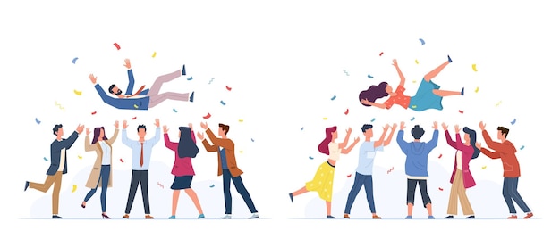 Tossing in air People group throwing colleague birthday celebrating victory congratulate business team achievements happy characters rejoice in victory vector cartoon flat set