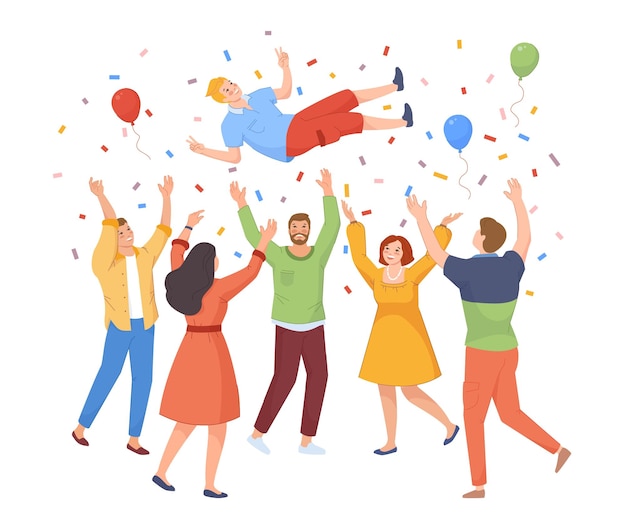 Tossing up in air man Celebrate birthday party friends congratulation throw on hands up happy people team win confetti prize flat swanky vector illustration