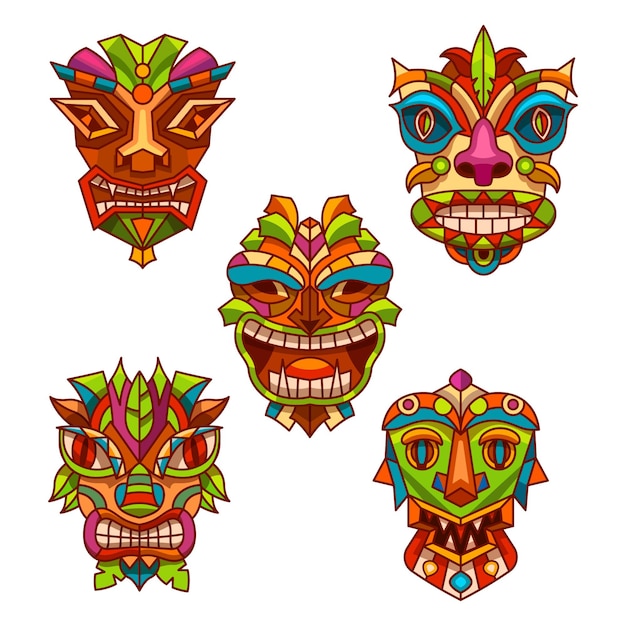 Totem pole masks, tribal culture, native aboriginal and religious ethnic idols, cartoon design.