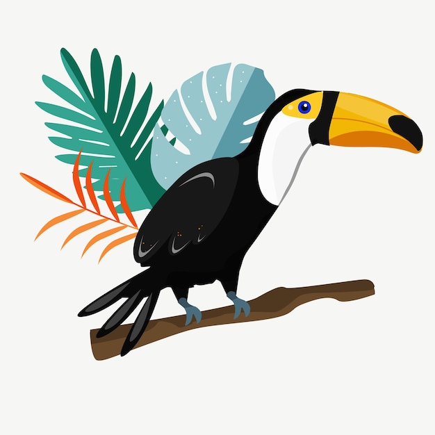 Vector toucan bird on a branch with tropical leaves summer vector illistration