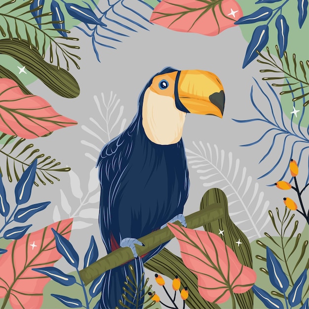 Toucan bird and tropical leaves Illustration