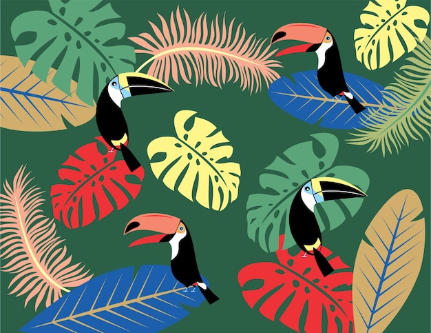 Toucan birds on colorful tropical leaves