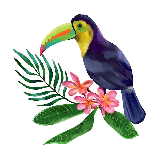 Toucan and bouquet of pink plumeria Tropical bird vector illustration in a watercolor style Wedding invitations greeting cards summer banners