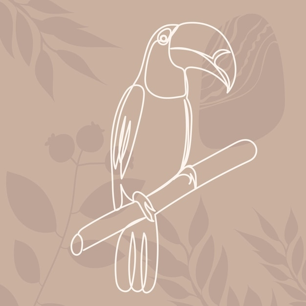 Toucan flies drawing by one continuous line on abstract background vector