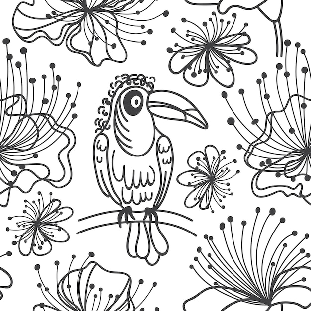 Toucan sits on a branch in the jungle surrounded by exotic flowers Doodle seamless pattern