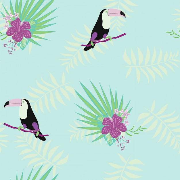 Toucan, tropical flowers and leaves floral textile vector seamless pattern.