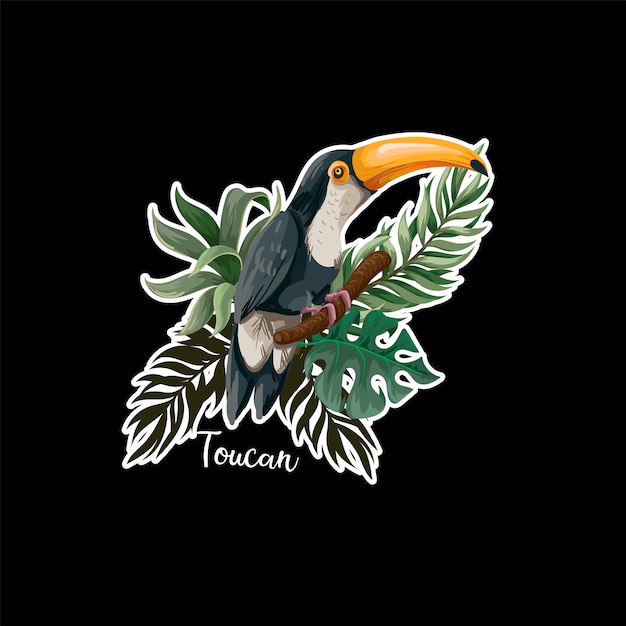 Toucan with tropic leaves.